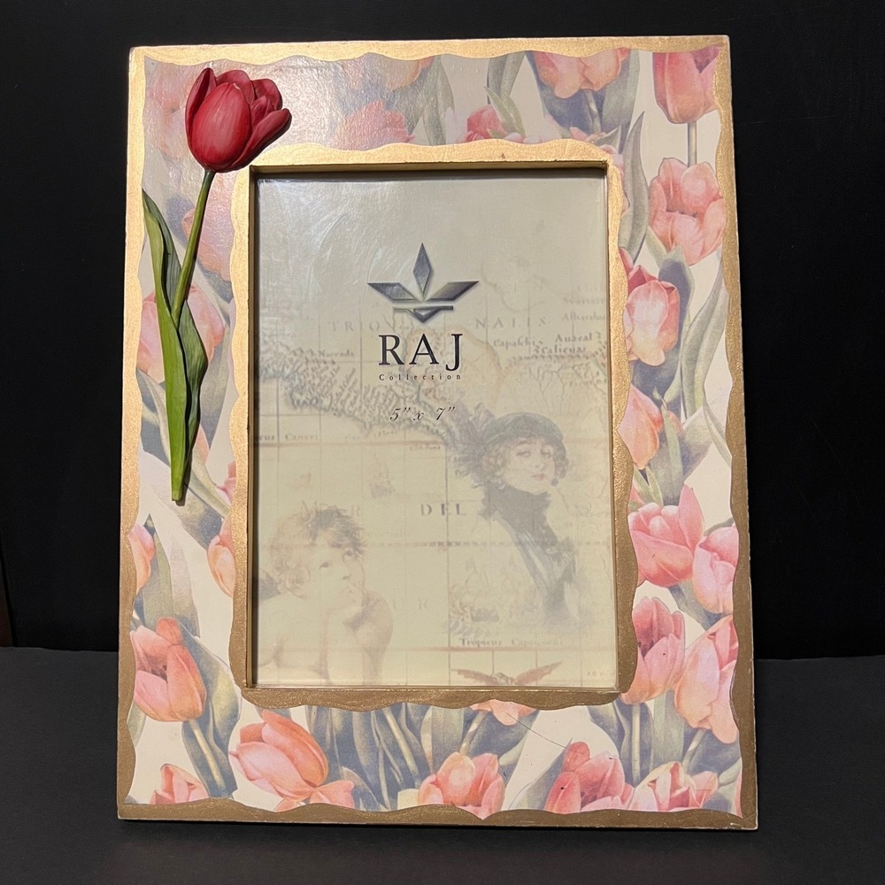 RAJ Collection 5x7 Picture Frame pink Tulip Floral Gold Trim 5x7 resin